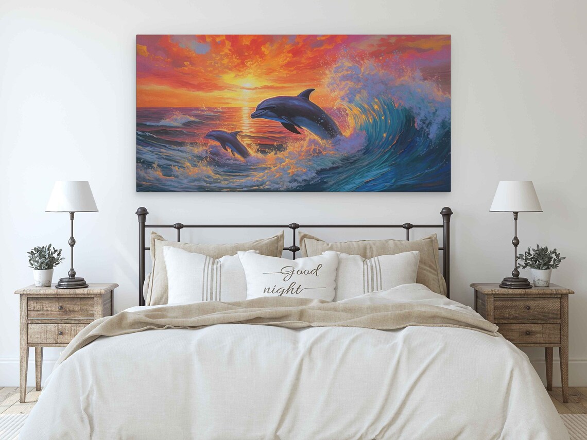 Dolphins at Sunset, Ocean Waves Wall Art Print - Image 3