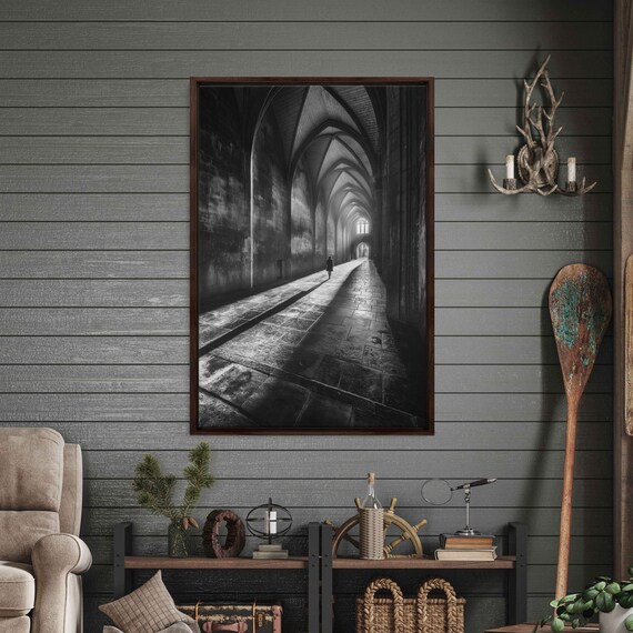 Woman Walking Lonely Gothic Stone Corridor Monochrome Dramatic Art Print