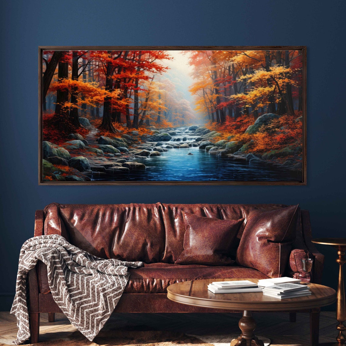 Misty Autumn Forest Stream Red Orange Fall Foliage Painting Poster
