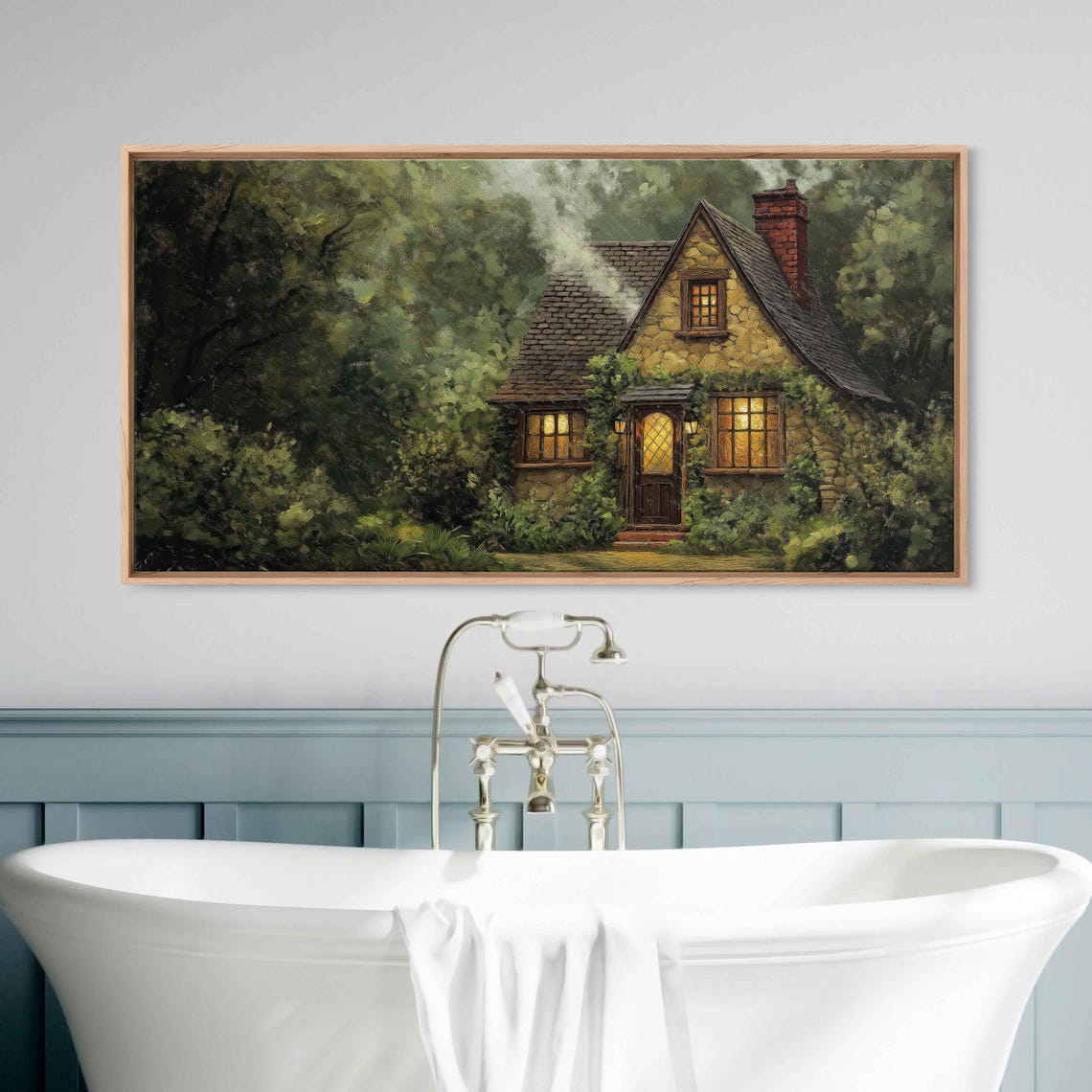 Stone Cottage With Glowing Windows In A Rainy Forest Dusk Poster - Image 3