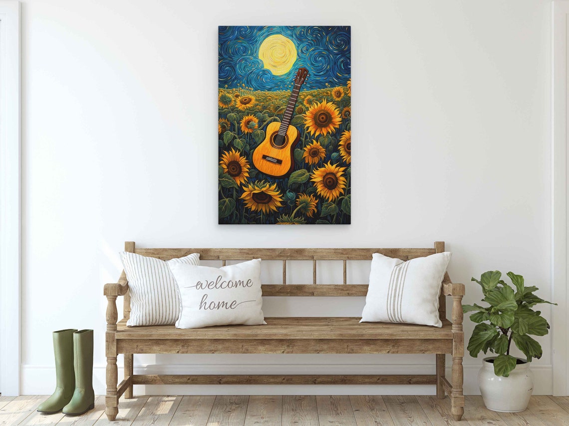 Classical Guitar in Sunflower Field Starry Night Music Art Poster - Image 2