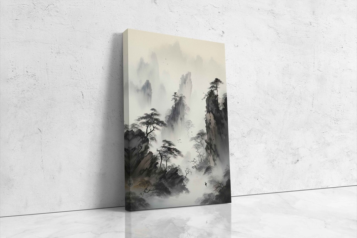 Chinese Ink Wash Foggy Mountain Peaks Pine Trees Scroll Art Poster - Image 4