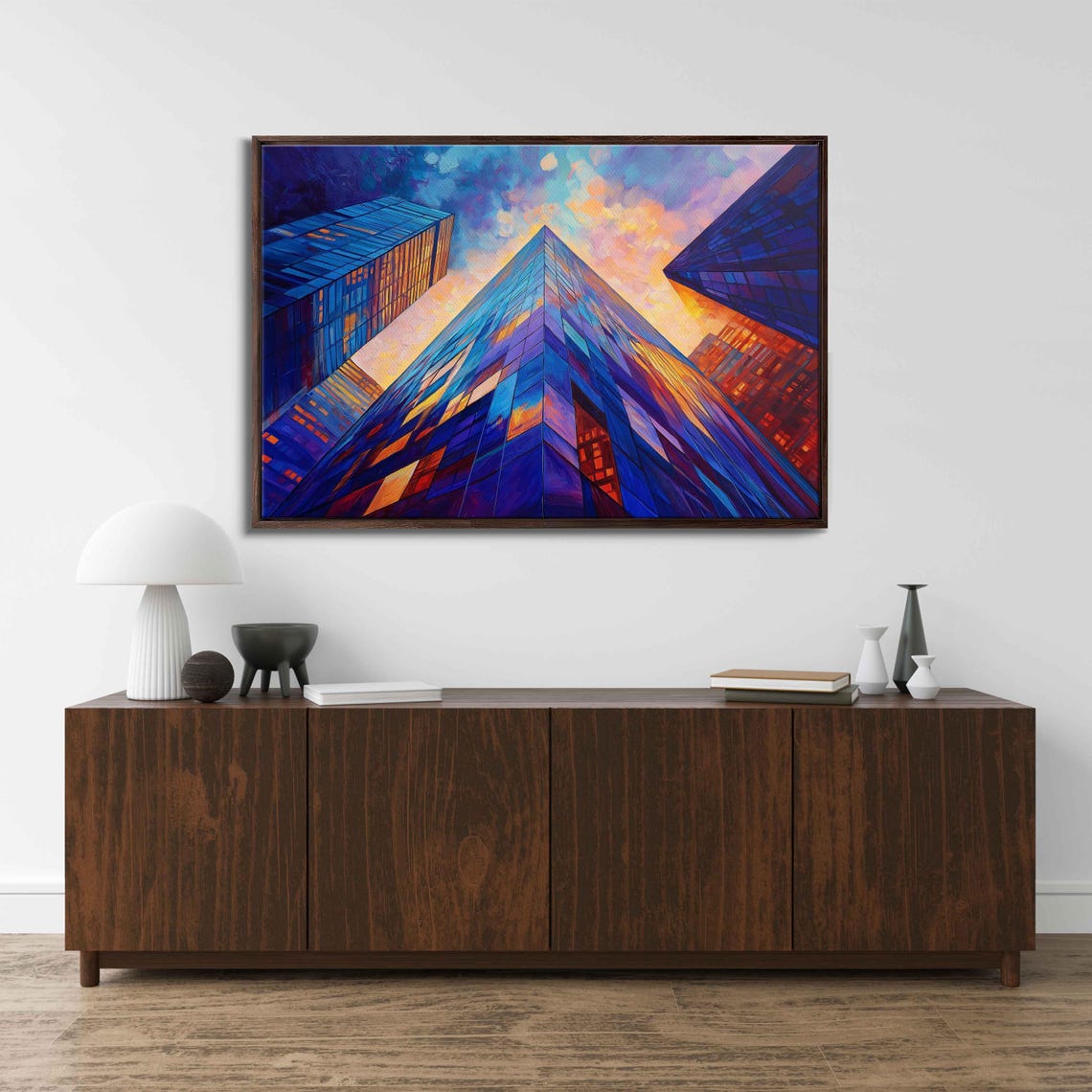 Modern Skyscraper Acrylic Painting Wall Art Print Twilight Cityscape Geometric Design