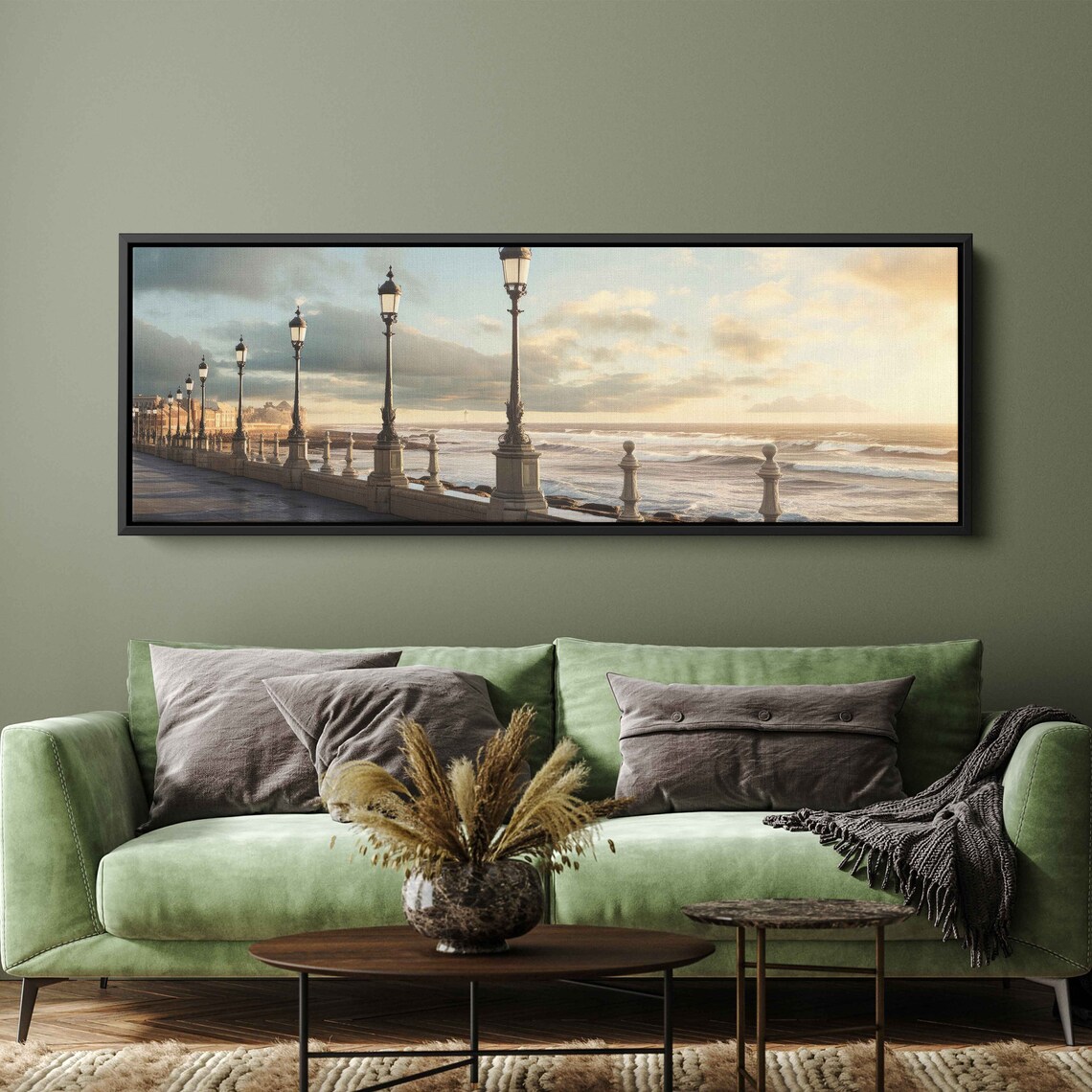 Sunrise Coastal Promenade Ocean Waves Vintage Lamppost Seaside Print - Image 2