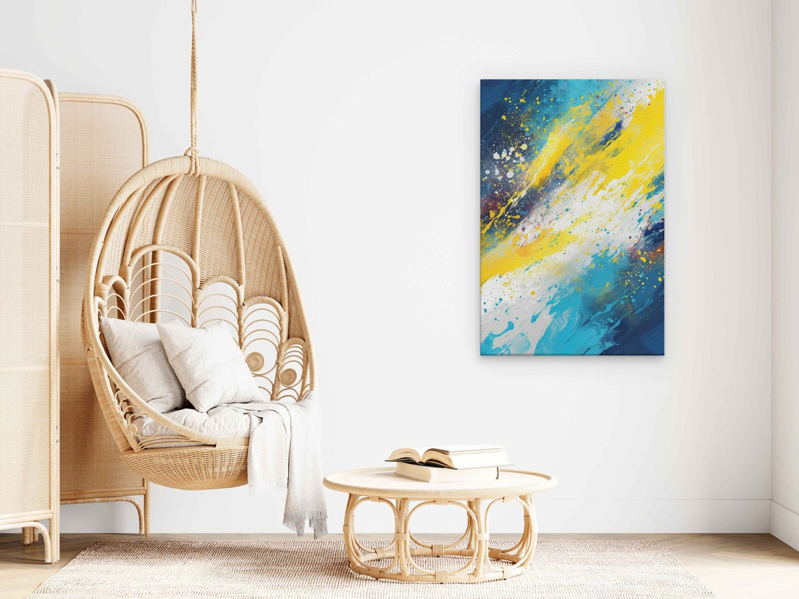 Yellow Blue Abstract Splatter Painting Print On Ready To Hang Eclectic Abstract Trendy Wall Decor Bathroom Decor - Image 3