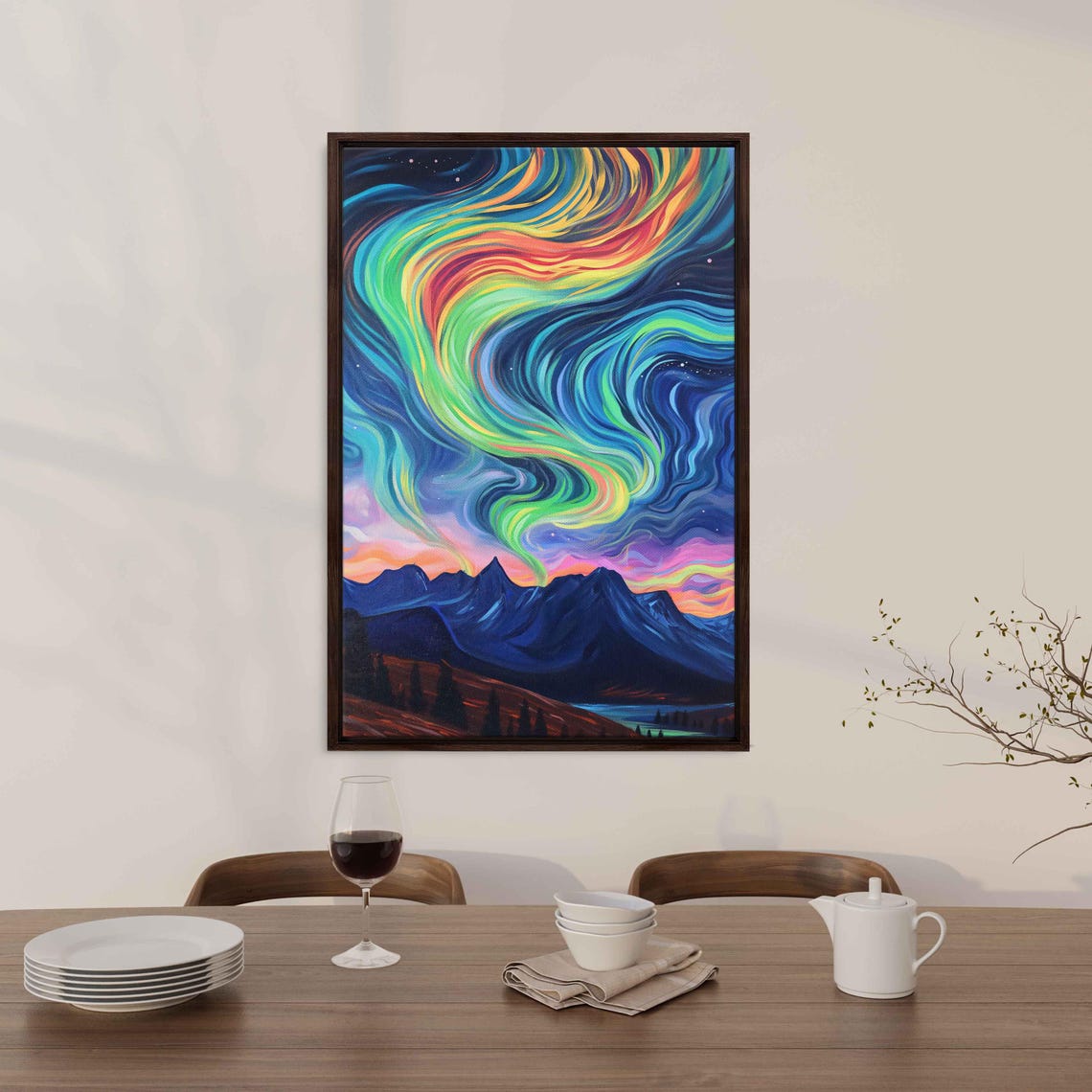 Vivid Rainbow Aurora Lights Over Dark Mountain Peaks Night Poster