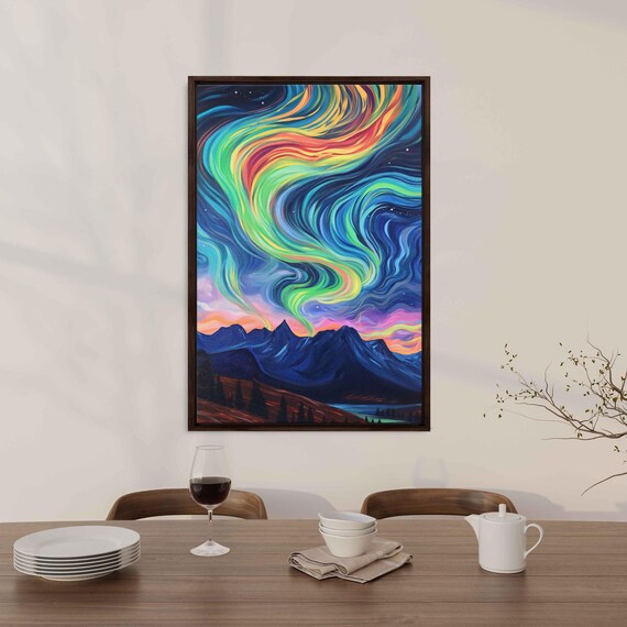 Vivid Rainbow Aurora Lights Over Dark Mountain Peaks Night Poster