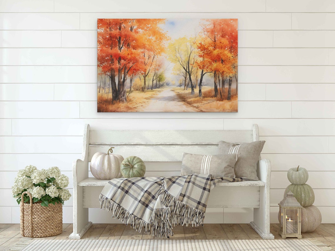 Calm Autumn Walkway Watercolor Orange Trees Fall Colors Wall Art Print - Image 2