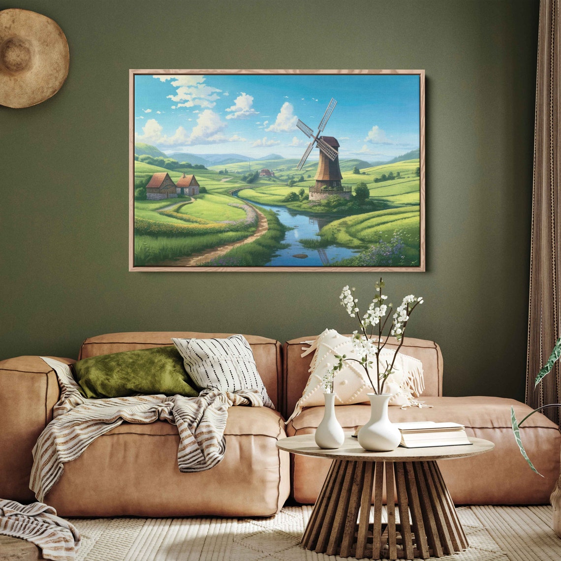Dutch Windmill River Valley Green Hills Countryside Painting Poster