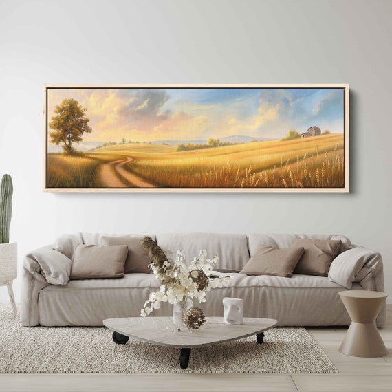 Minimalistic Rural Countryside Panoramic Landscape Wall Art Print Farmhouse In Wheat Field Country Sunset Ready To Hang