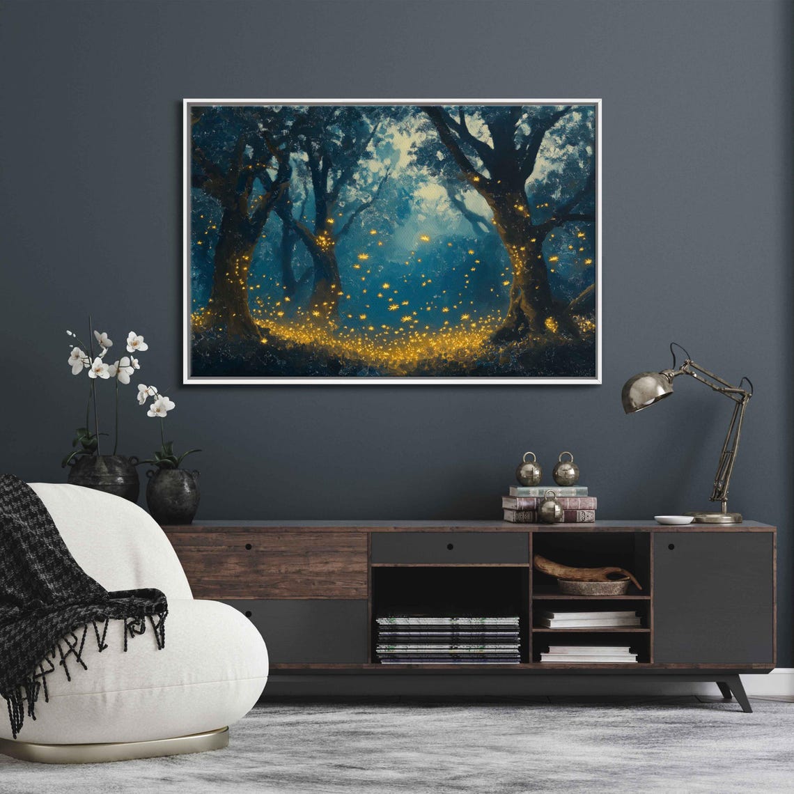 Magical Moonlit Forest Glade Engulfed With Fireflies Oil Wall Art Print Fantasy Nature Art Enchanted Trees Ready To Hang