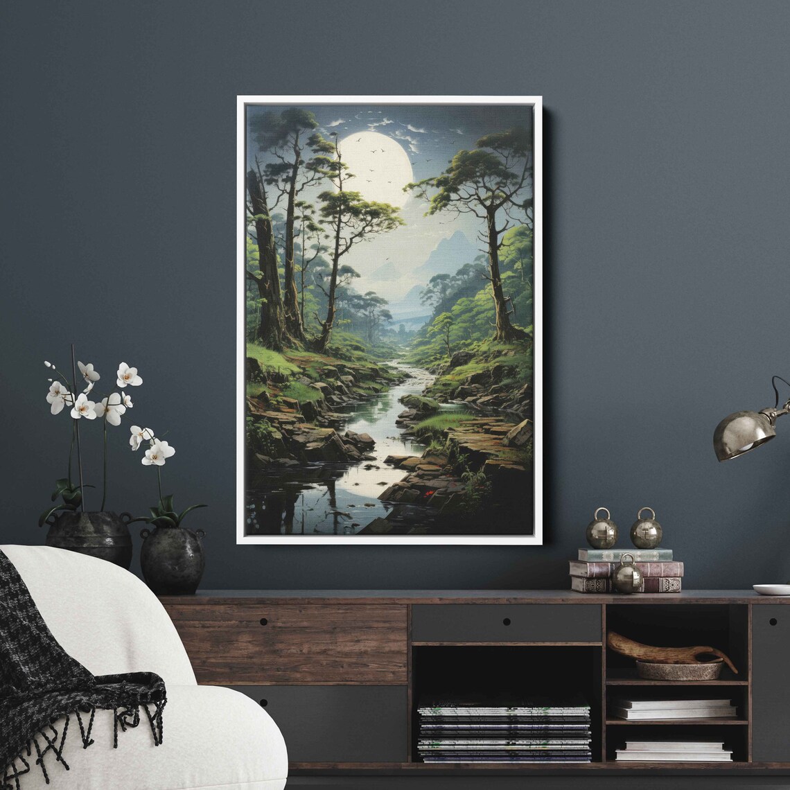 Sunlit Forest Stream Tranquil Nature Painting Framed Print Ready To Hang - Image 3