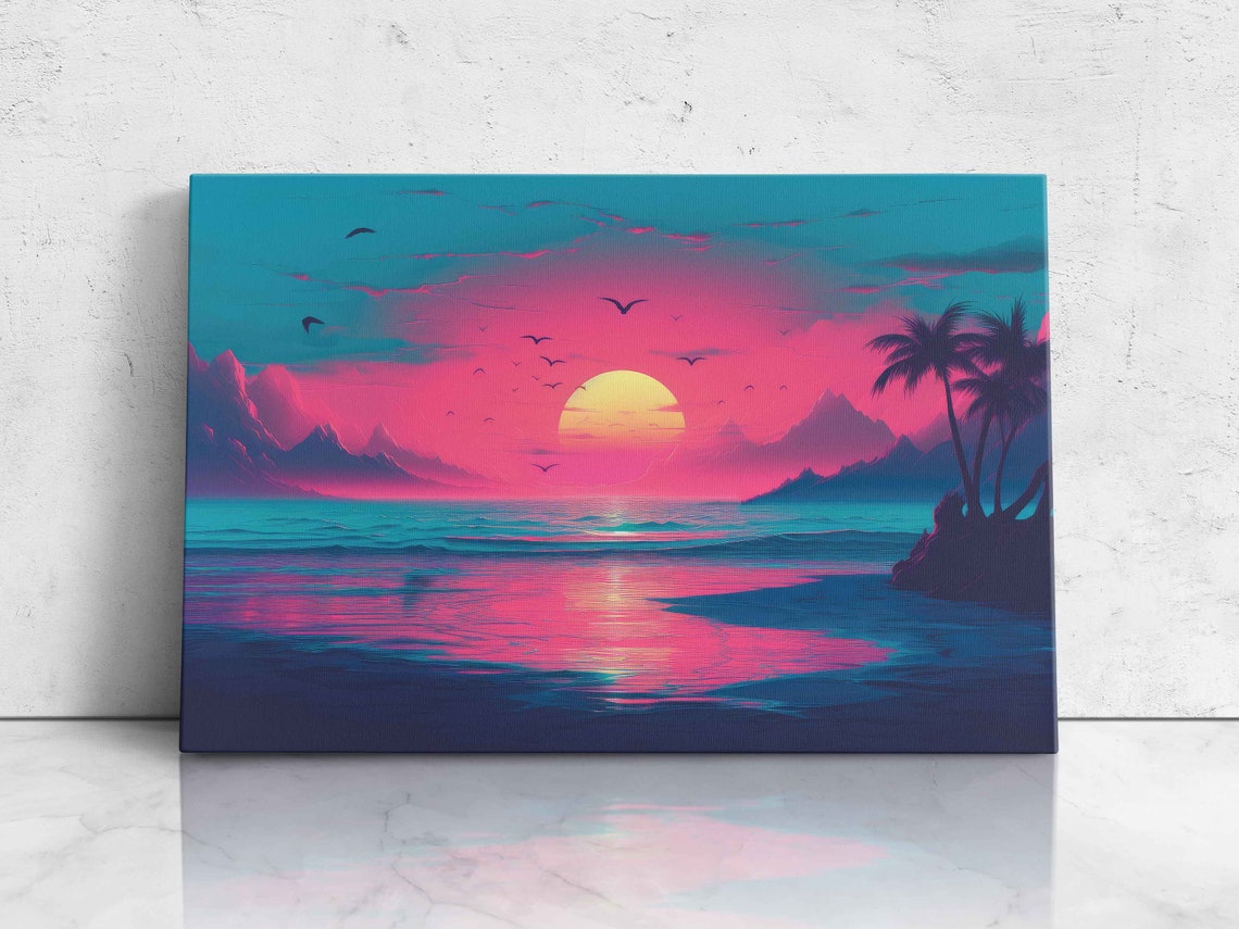 Vaporwave Ocean Sunset With Palms Birds And Pink Sky Retro Wall Art