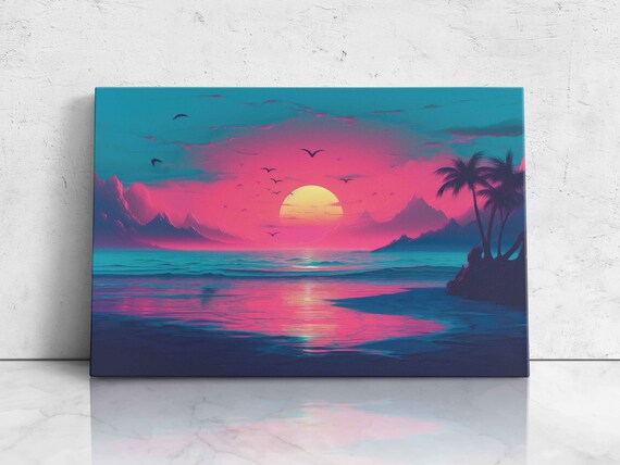 Vaporwave Ocean Sunset With Palms Birds And Pink Sky Retro Wall Art