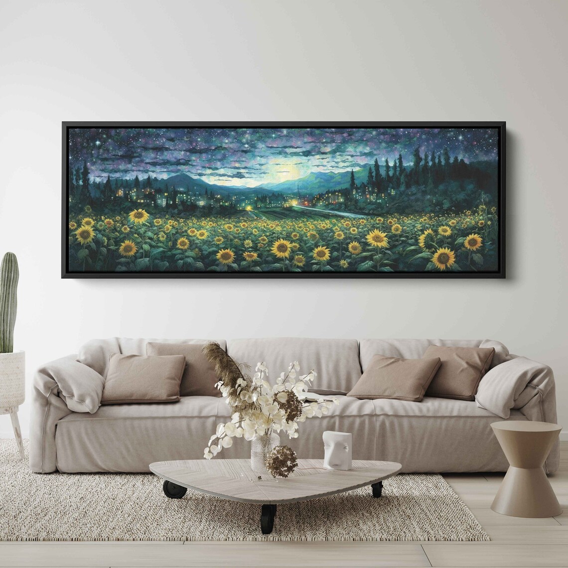 Sunflower Field Starry Night City Lights Panoramic Countryside Painting Poster - Image 3