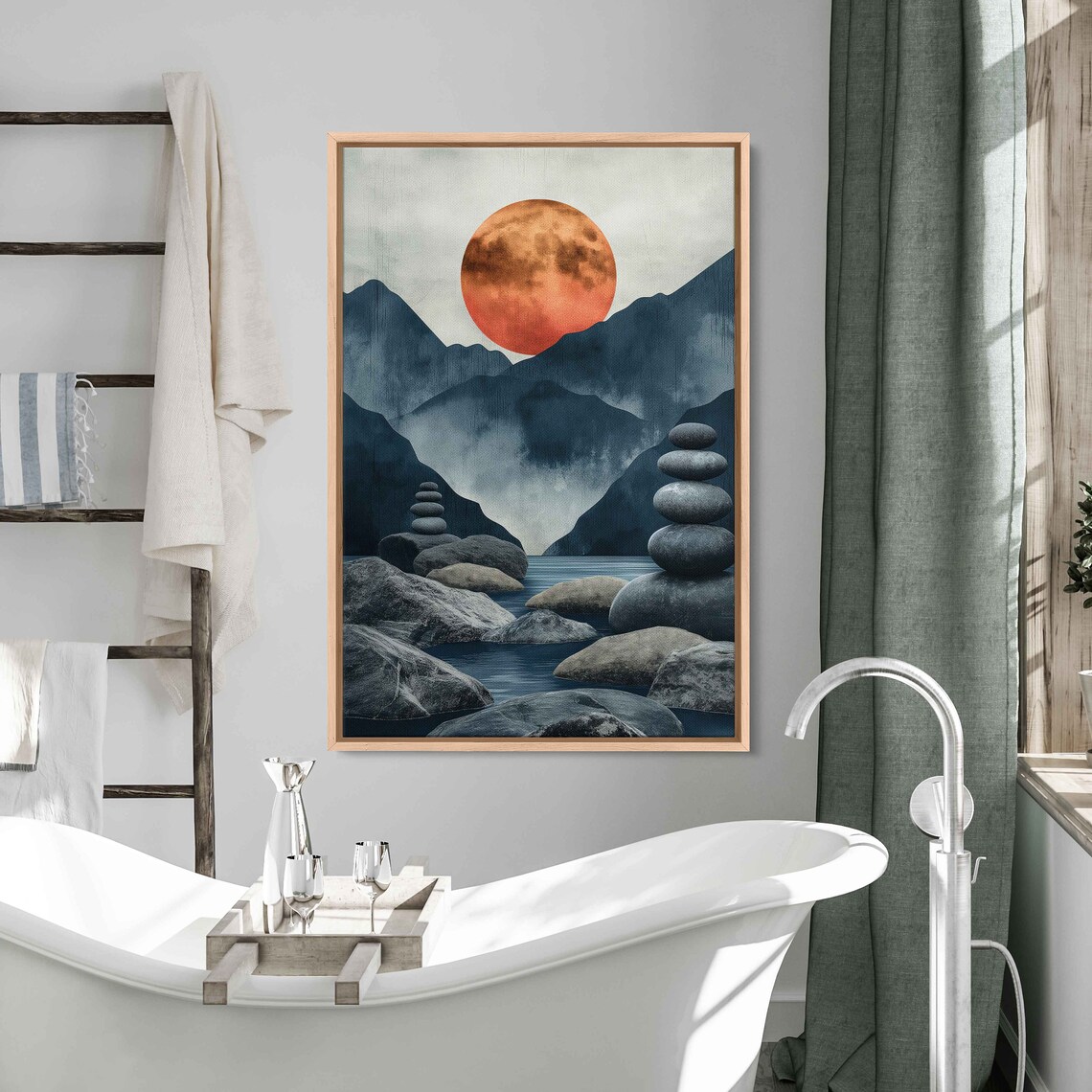 Burnt Orange Full Moon Over River Stones Blue Mountains Zen Art Print - Image 3
