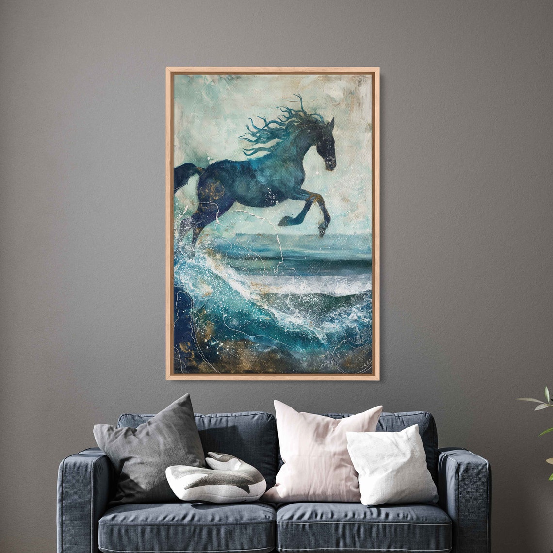 Blue Horse Galloping Over Ocean Waves Mixed Media Coastal Art Poster