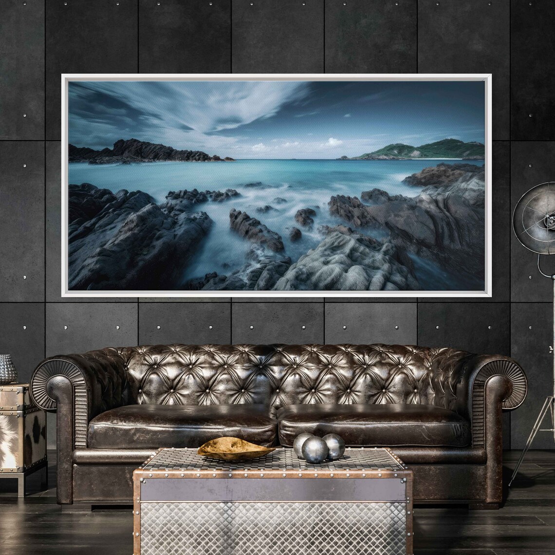 Moody Rocky Coastline Teal Sea Long Exposure Silky Waves Panoramic Poster - Image 2