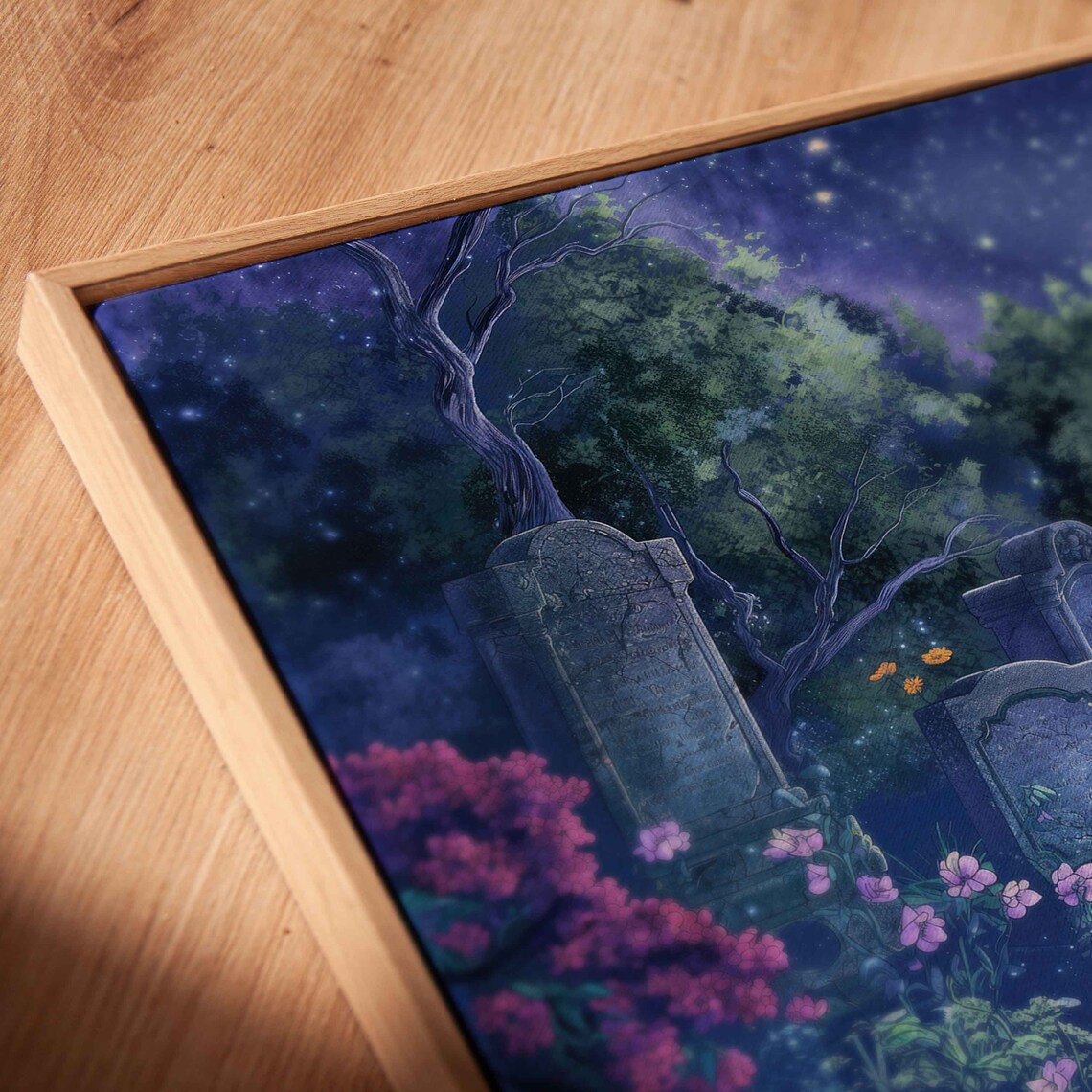 Moonlit Graveyard Watercolor Tombstones Full Moon Night Gothic Wall Art - Image 2