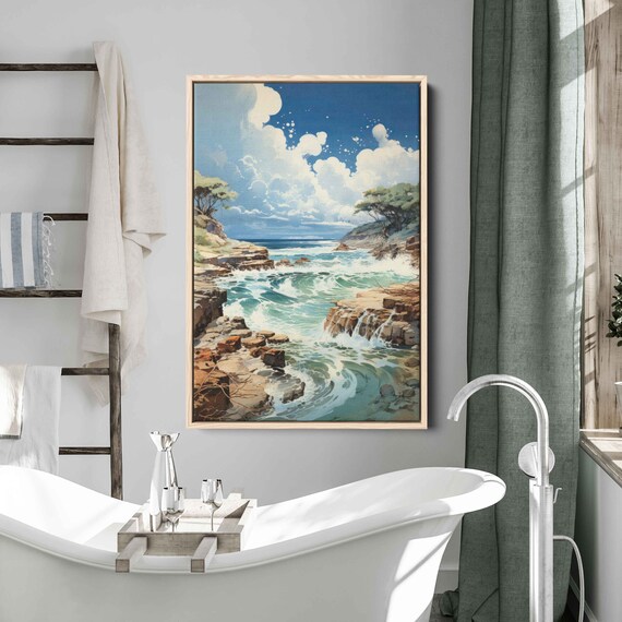 Sunny Dramatic Rocky Coastline Turquoise Waves Watercolor Poster