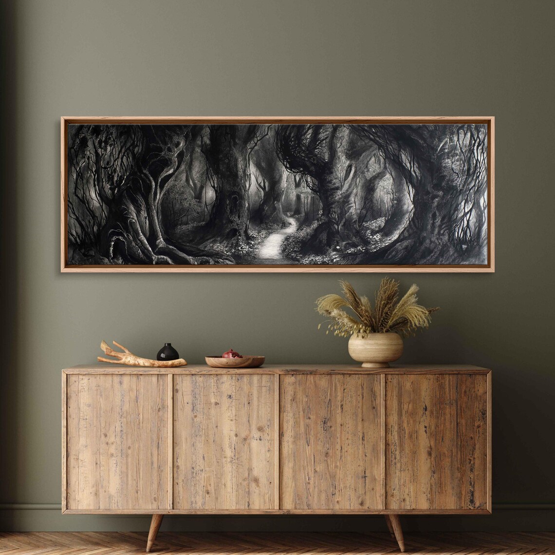 Dark Forest Tunnel Winding Path Gnarled Trees Monochrome Halloween Poster - Image 3