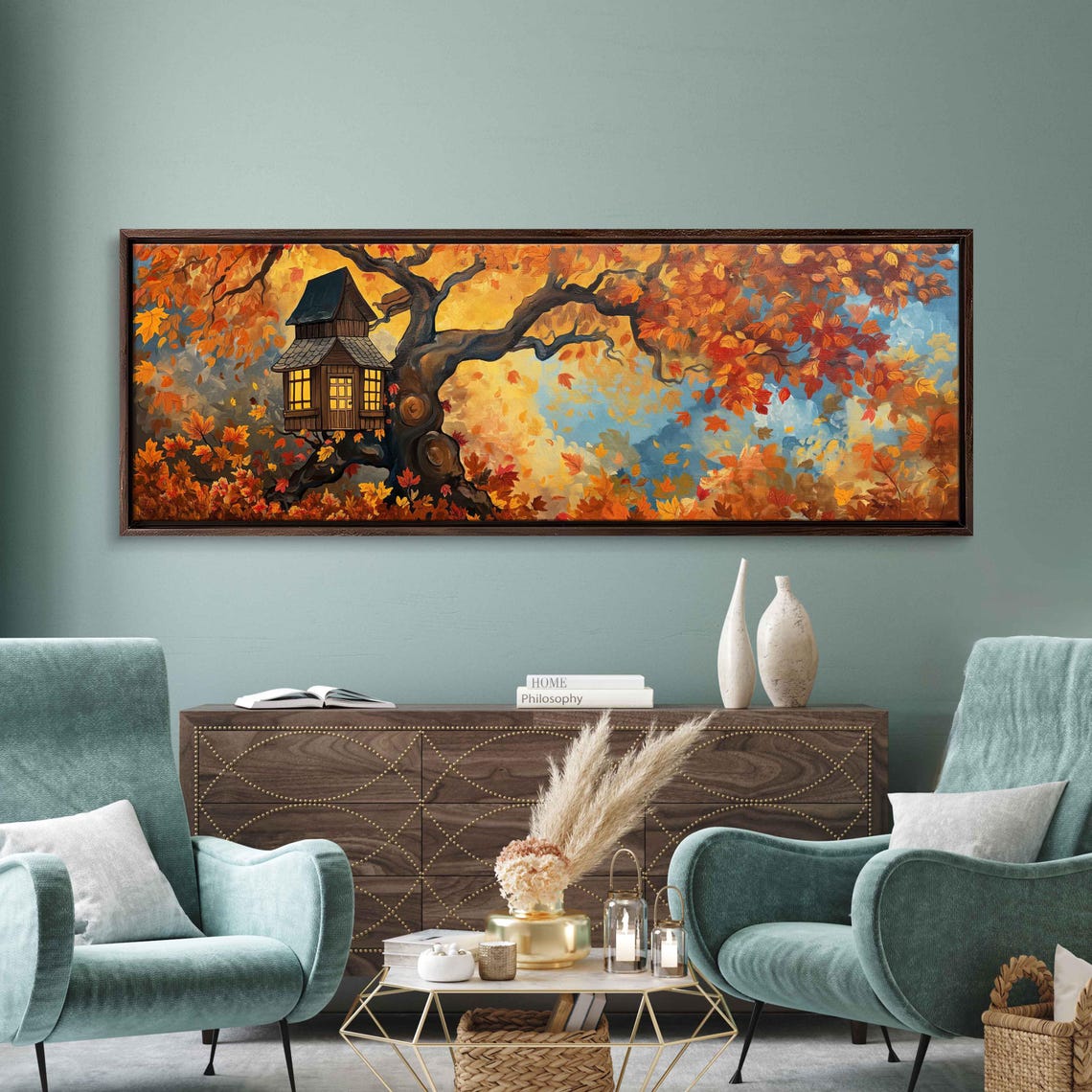 Cozy Treehouse Autumn Maple Leaves Falling Panoramic Wall Poster - Image 3