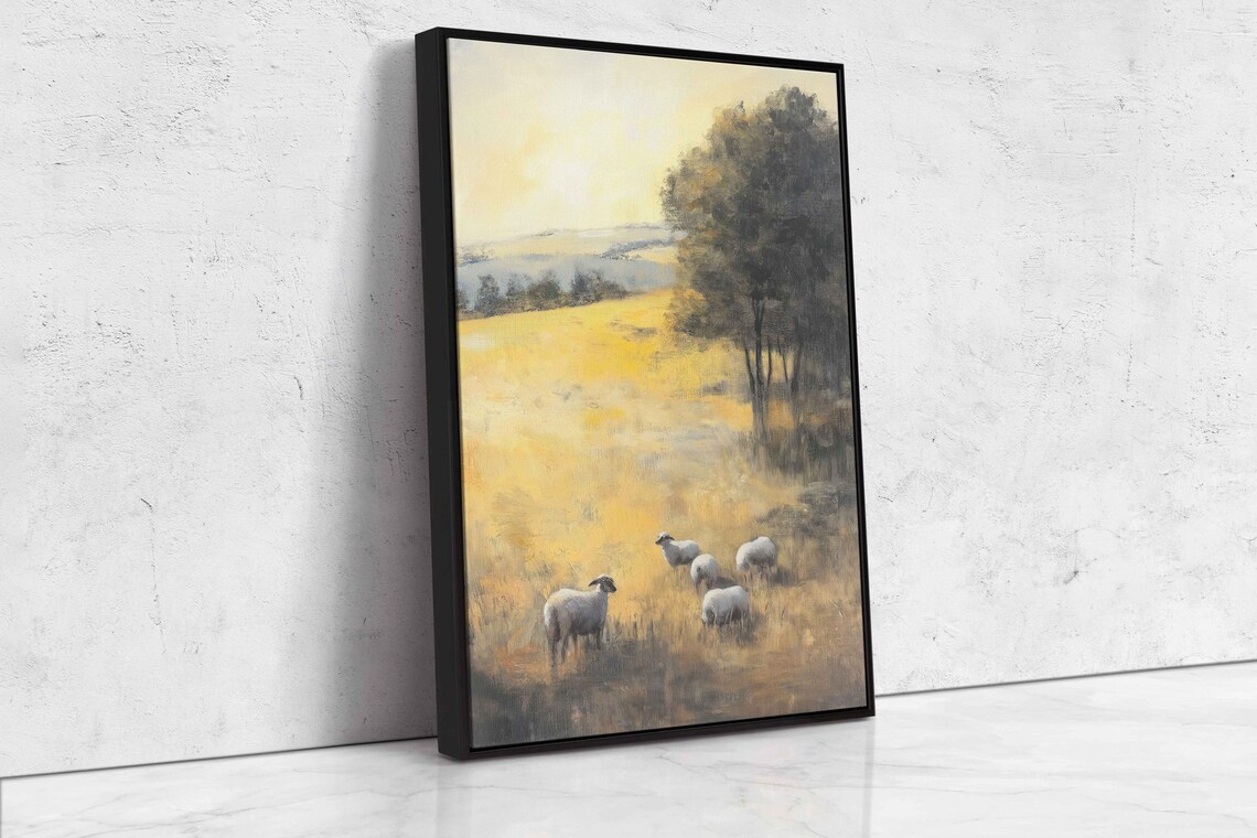 Dreamy Rural Scene, Golden Fields And Grazing Sheep - Image 4