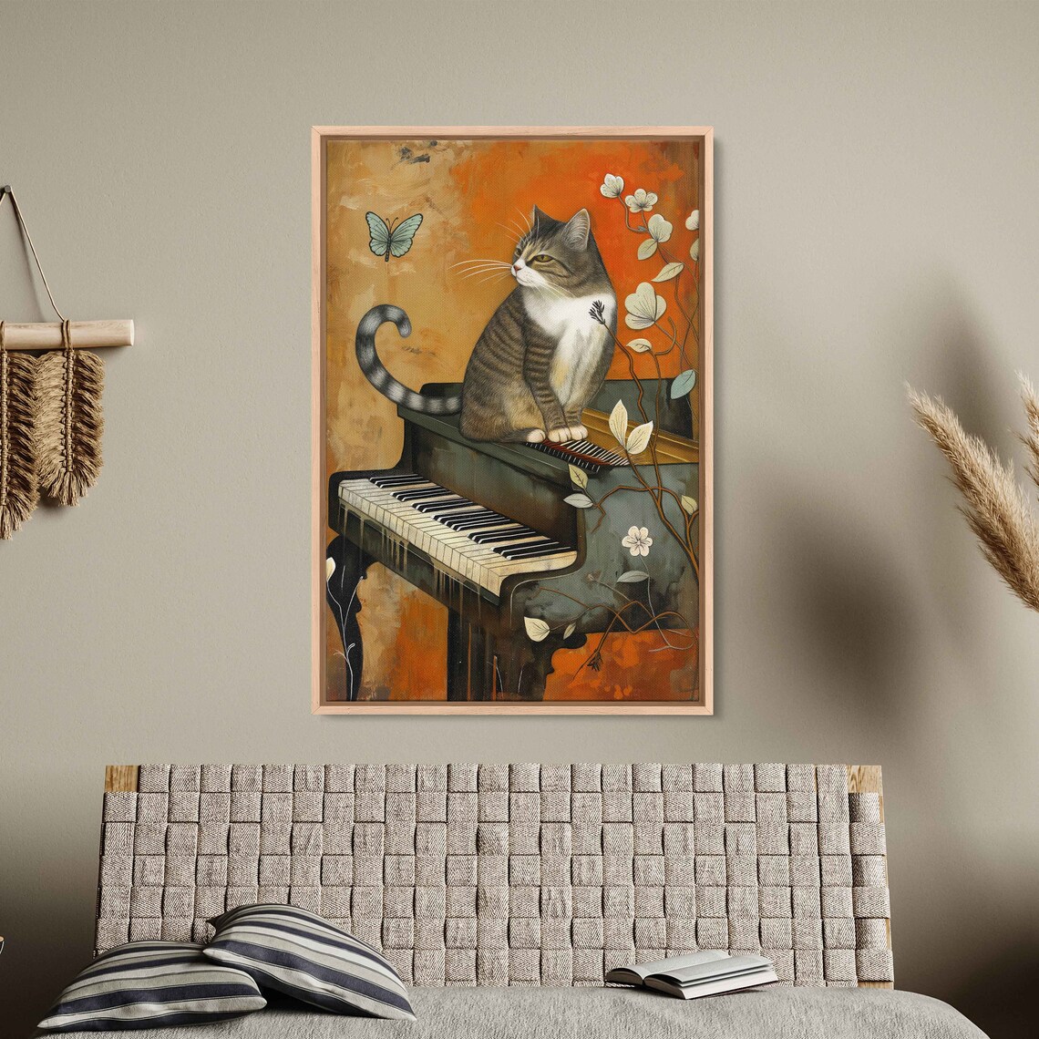 Whimsical Tabby Cat Sitting on Piano Floral Butterfly Vintage Art Print