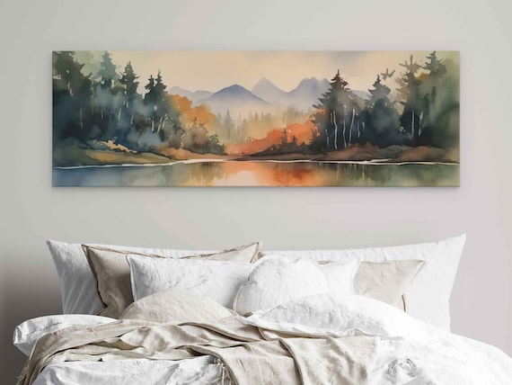 Colorful Panoramic Watercolor Landscape Forest Mountains And Lake Print On Ready To Hang Guest Room Decor Office Decor