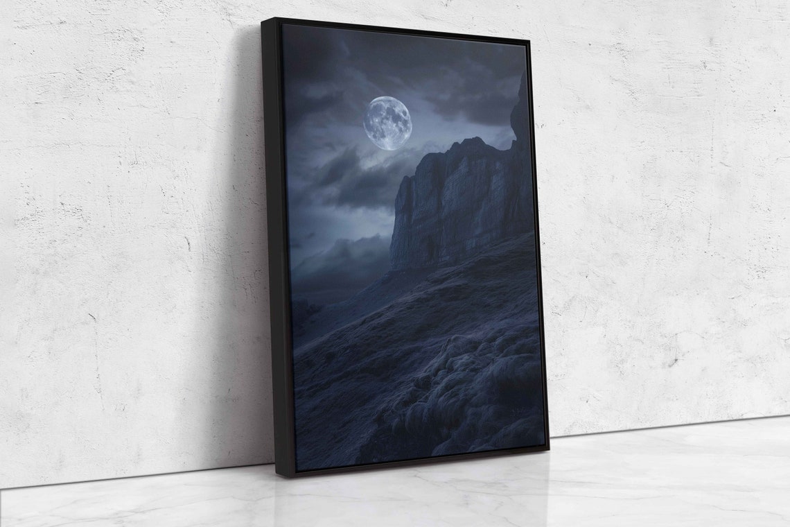 Full Moon Rising Over Dark Rocky Cliff Night Sky Clouds Poster - Image 4