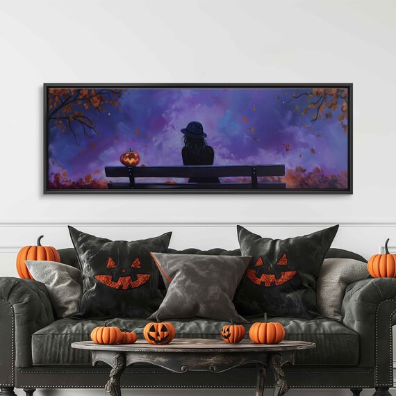 Witch Park Bench Jack O Lantern Purple Twilight Night Panoramic Poster