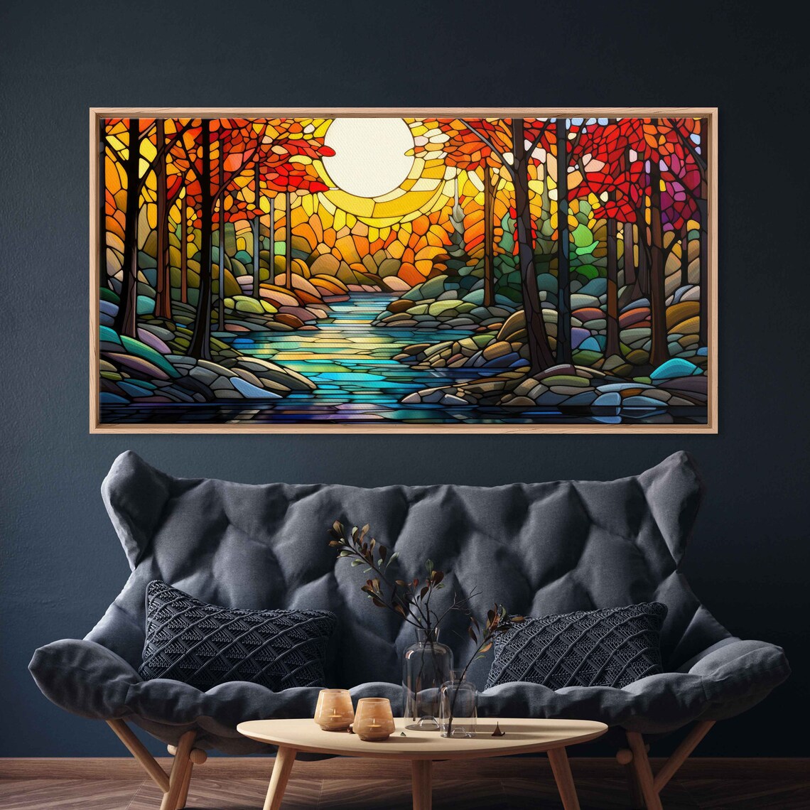 Mosaic Sunlit Forest Stream Wall Art Print Beautiful Vibrant Colors Mountain Range Ready To Hang - Image 3