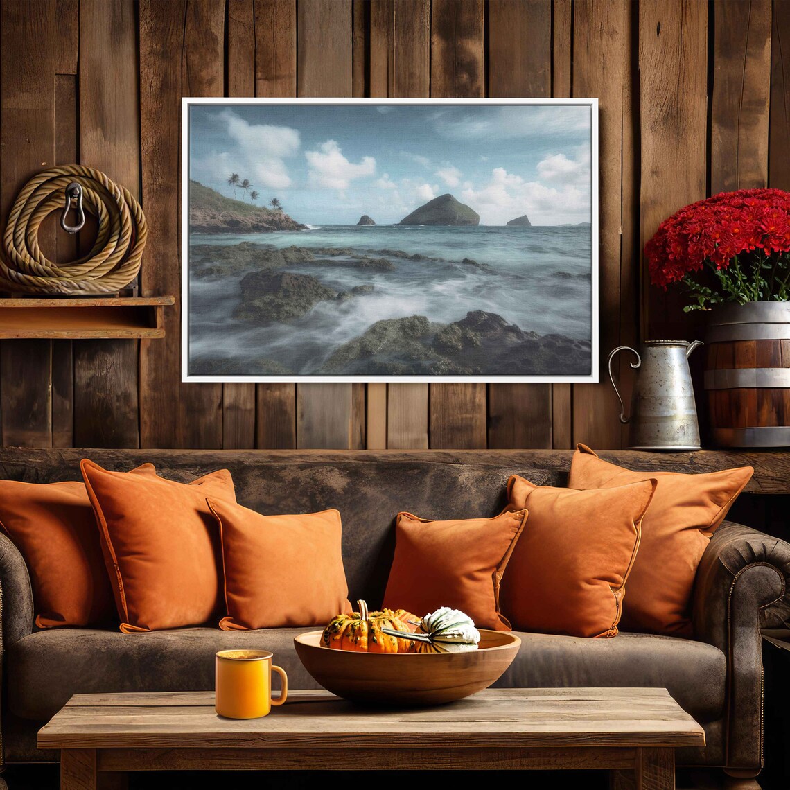 Tropical Rocky Coast Palm Hill Silky Waves Offshore Islands Landscape Poster - Image 2