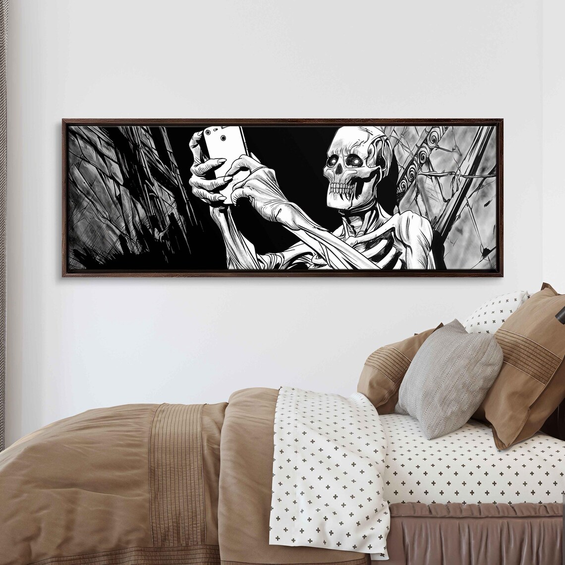 Gothic Skeleton Taking Selfie in Crypt Funny Comic Ink Halloween Wall Poster