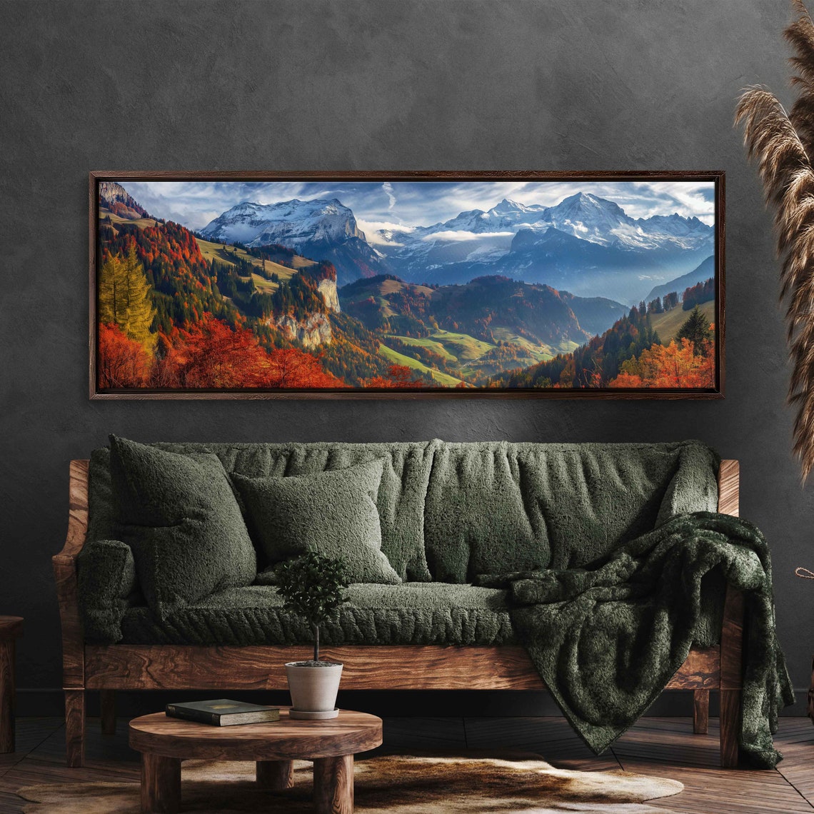 Swiss Alps Autumn Snow Peaks Fiery Fall Forest Panoramic Travel Poster - Image 3