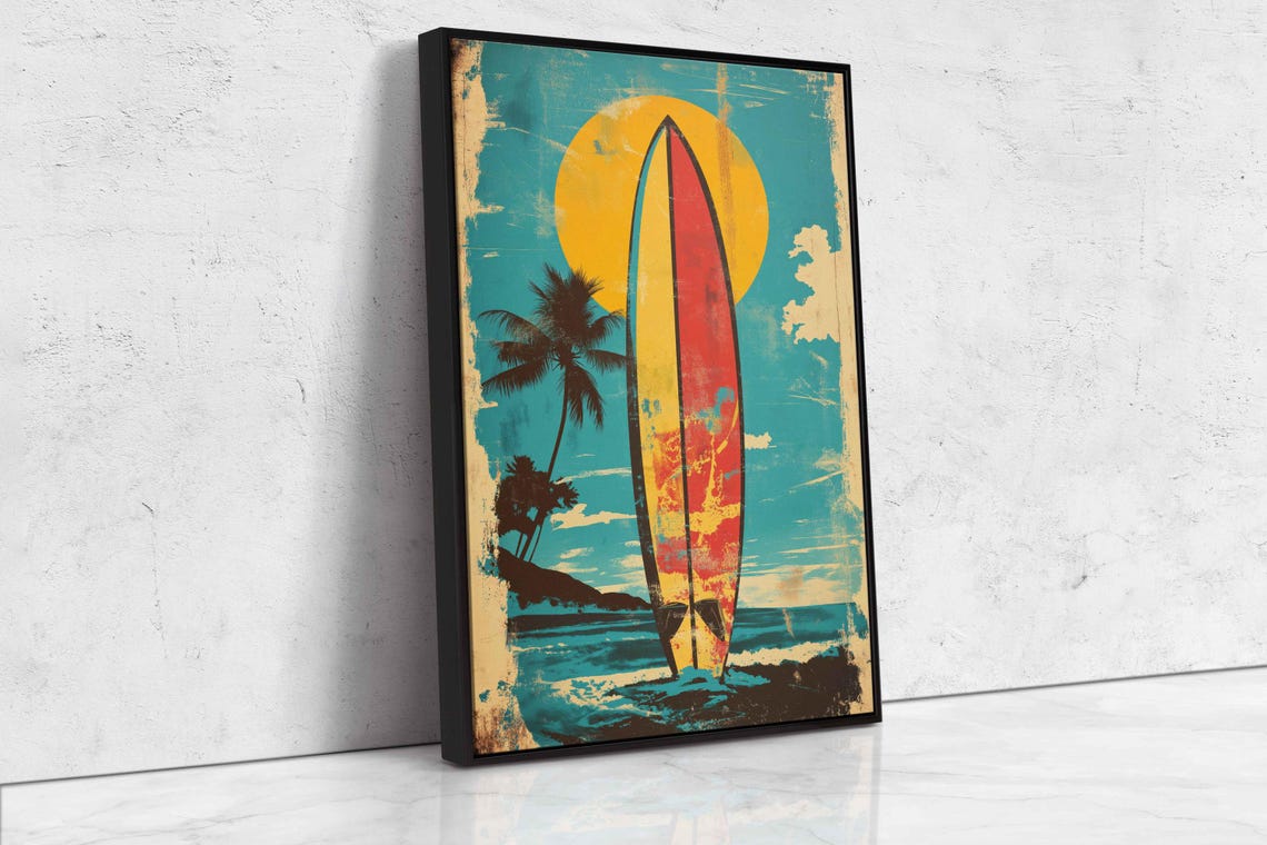 Vintage Surfboard On Sandy Beach Wall Art Print Beach Life Tropical Island Gift For Surfer Palm Trees Ready To Hang - Image 4