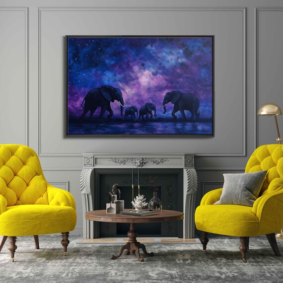 Elephant Family Starry Night Sky Purple Galaxy Silhouette Art Poster