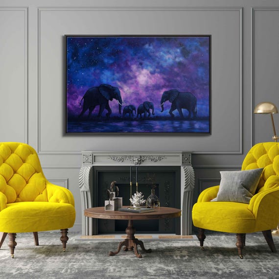 Elephant Family Under Starry Sky Wall Art Print Tranquil Night Scene