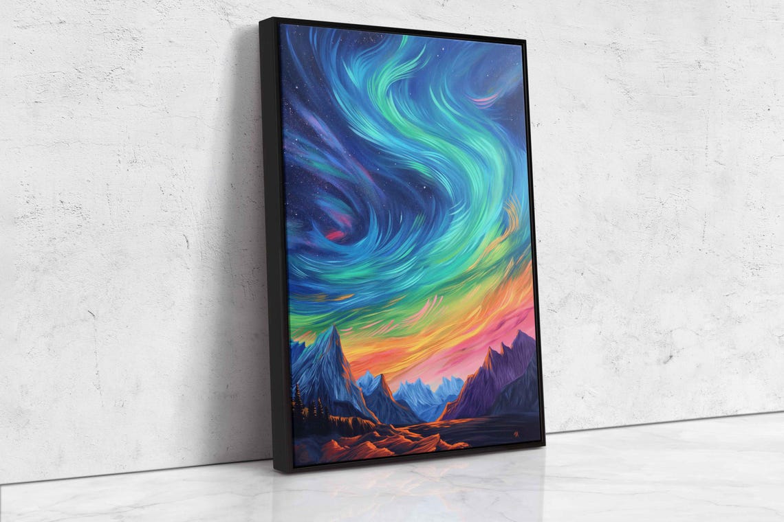 Rainbow Aurora Borealis Night Sky Over Jagged Mountain Peaks Poster - Image 4
