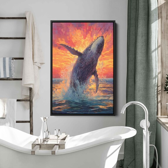 Whale Breaching At Sunset Acrylic Painting Reproduction Print Ready To Hang Ocean Wall Art