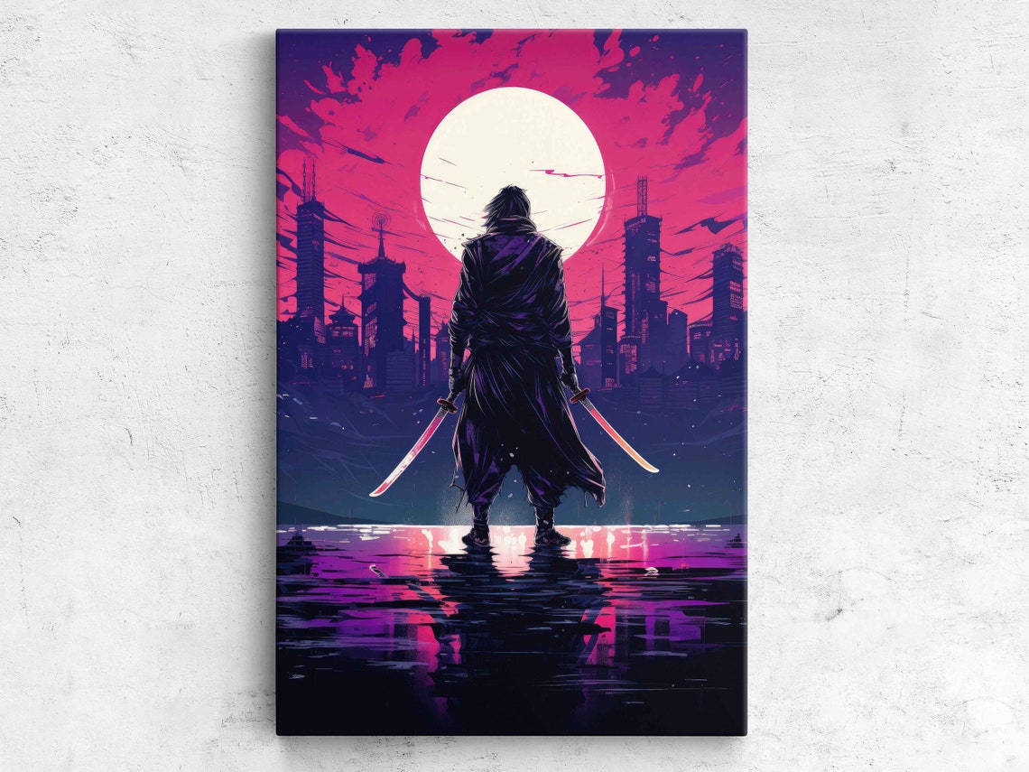 Samurai Dual Katanas Neon Pink Skyline Full Moon Reflection Art Print