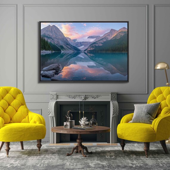 Serene Mountain Sunrise Wall Art Print Pastel Hues Tranquil Reflection Nature Essence