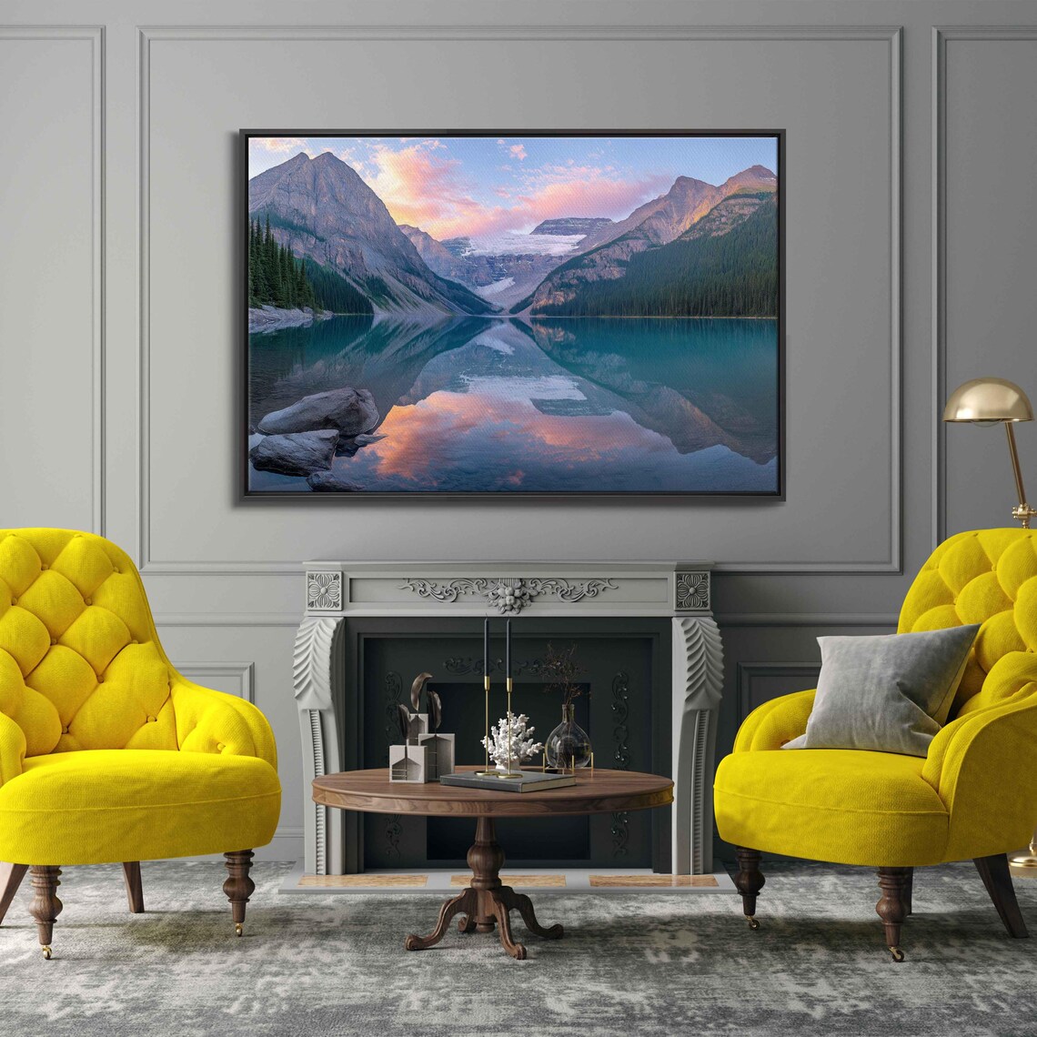 Serene Mountain Sunrise Wall Art Print Pastel Hues Tranquil Reflection Nature Essence