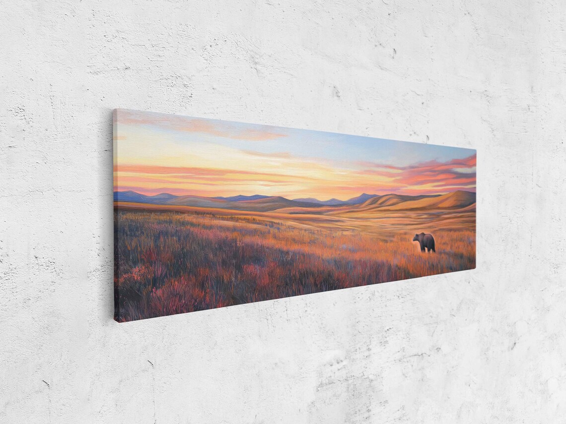 Grizzly Bear Strolling Tundra Grassland at Vivid Sunset Oil Painting Poster - Image 4