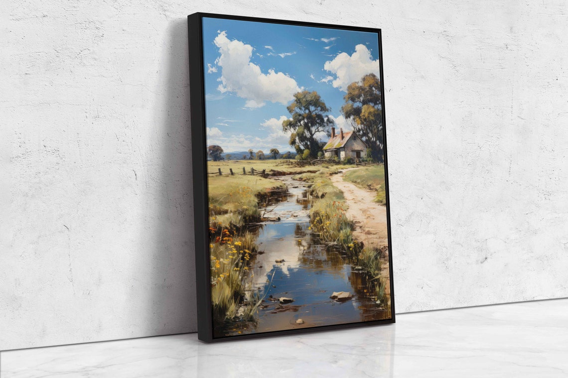 Rural Watercolor Stream Old Farmhouse Countryside Meadow Poster - Image 4