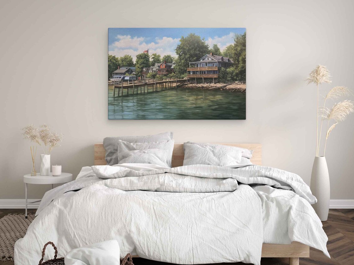 Put In Bay Ohio Lakefront Cottages Wooden Dock Boathouse Painting Poster - Image 3