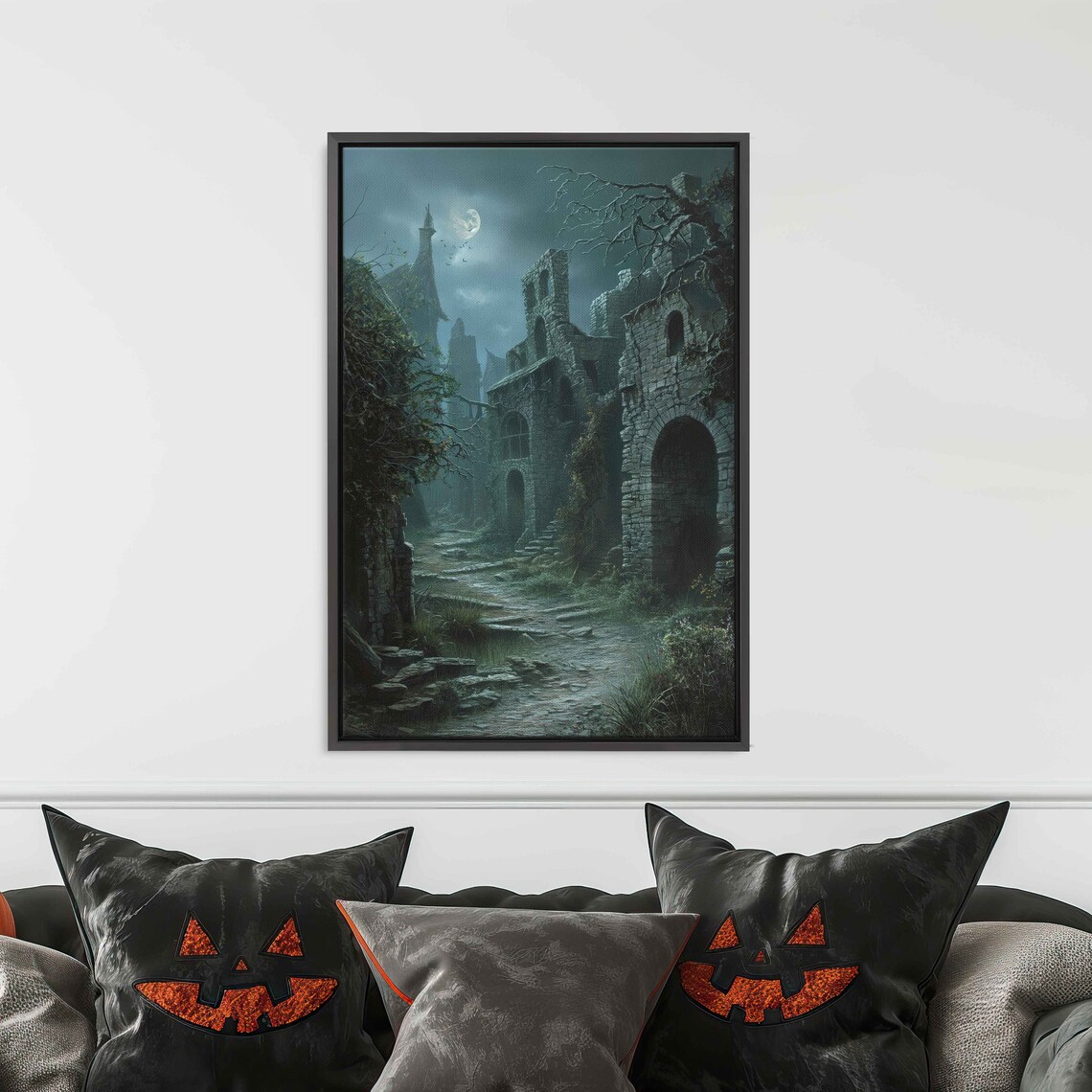 Eerie Ruined Village Twisted Trees Foggy Night Full Moon Wall Art - Image 3