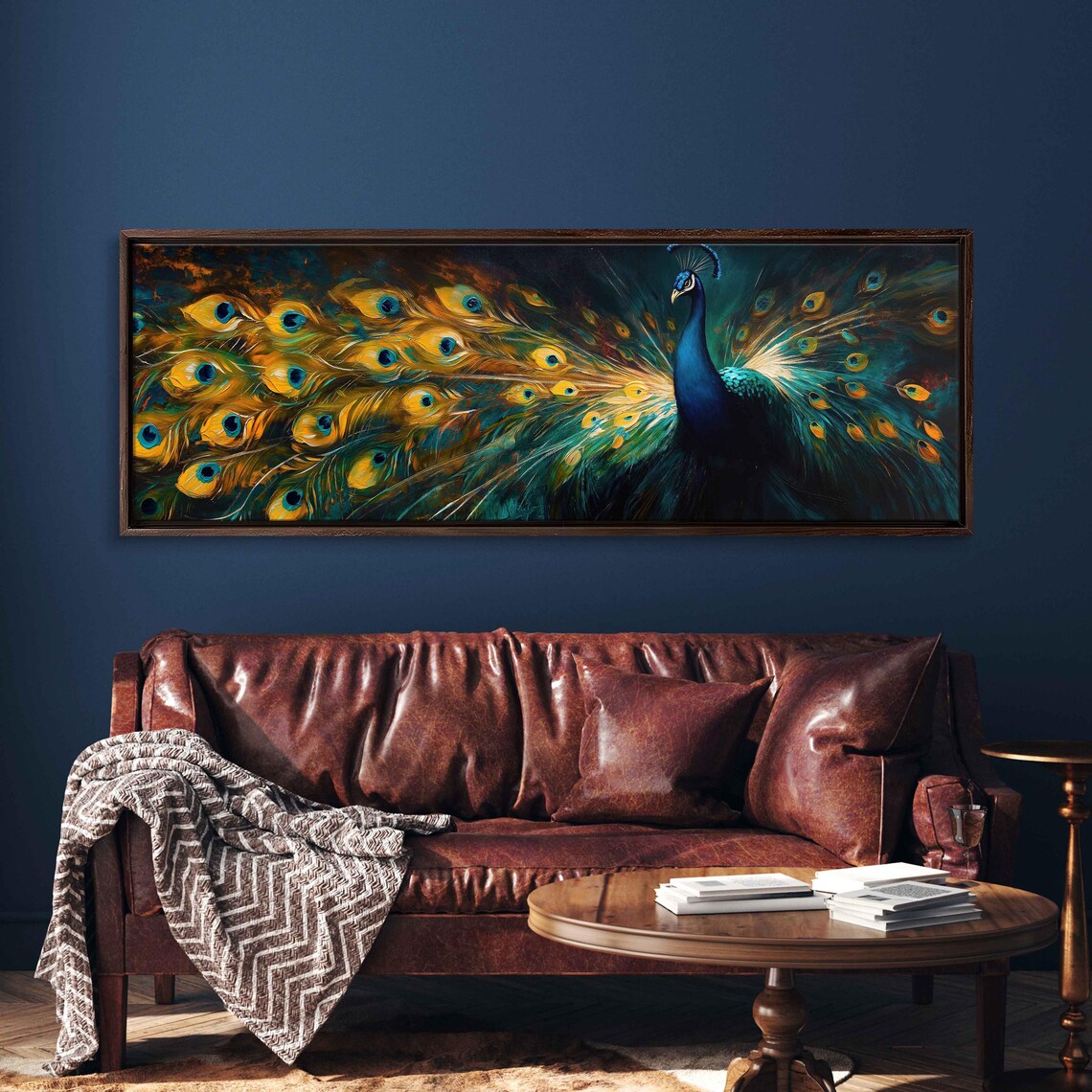Golden Peacock Fanned Feathers Dark Blue Panoramic Wall Art Print