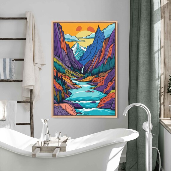 Flowing Rock River Colorful Valley Soothing Sunset Art Framed Print Ready To Hang