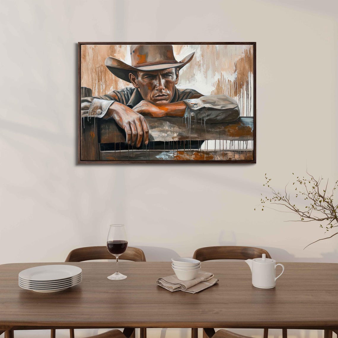 Cowboy Leaning On Wooden Fence Thoughtful Western Portrait Poster - Image 3